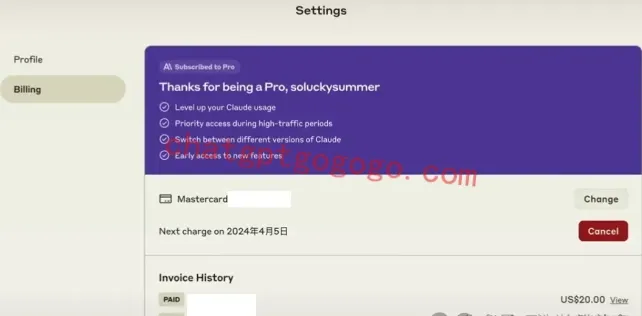 Claude Pro订阅成功