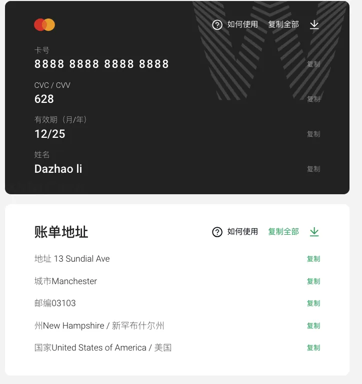 虚拟卡信息示意图